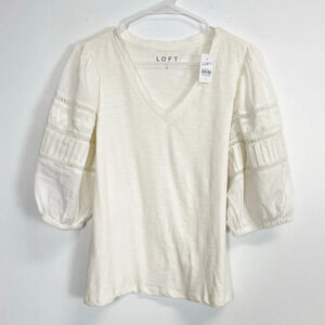 Loft Shirt Womens Size Small Cream Puff Sleeve Embroidered Cotton Blouse NWT